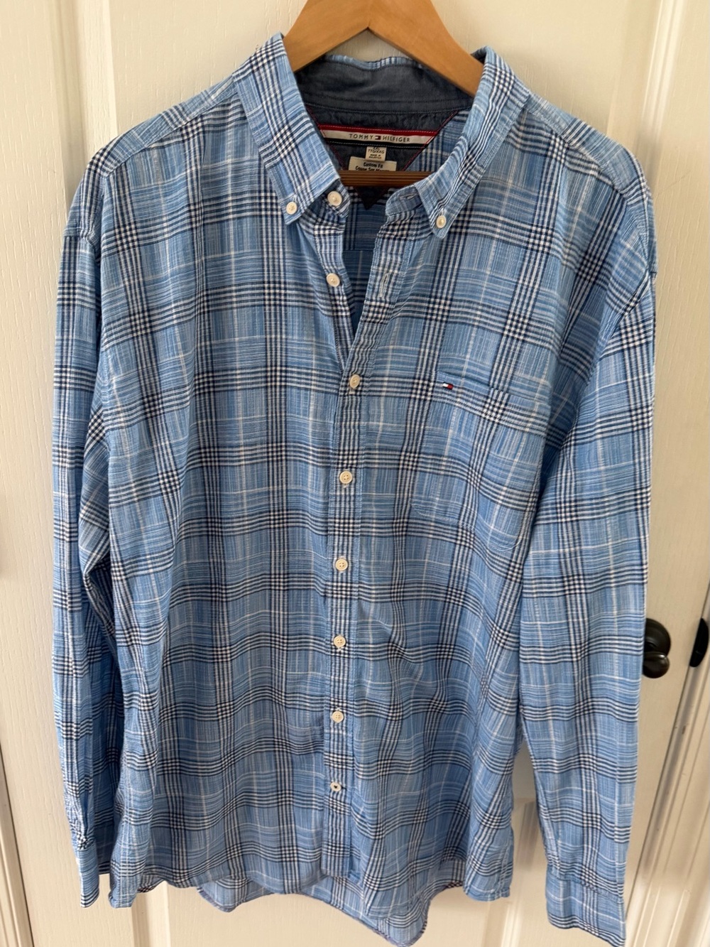 Tommy Hilfiger Light Blue Plaid Button-Down Shirt with Navy Accents